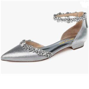 XYD Silver Pointed Toe Flat Sandals Sparkly Rhinestones Ankle Strap Shoes